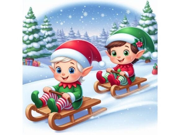 Download Playful Elves Sledding in a Snowy Landsc - Elves Collection